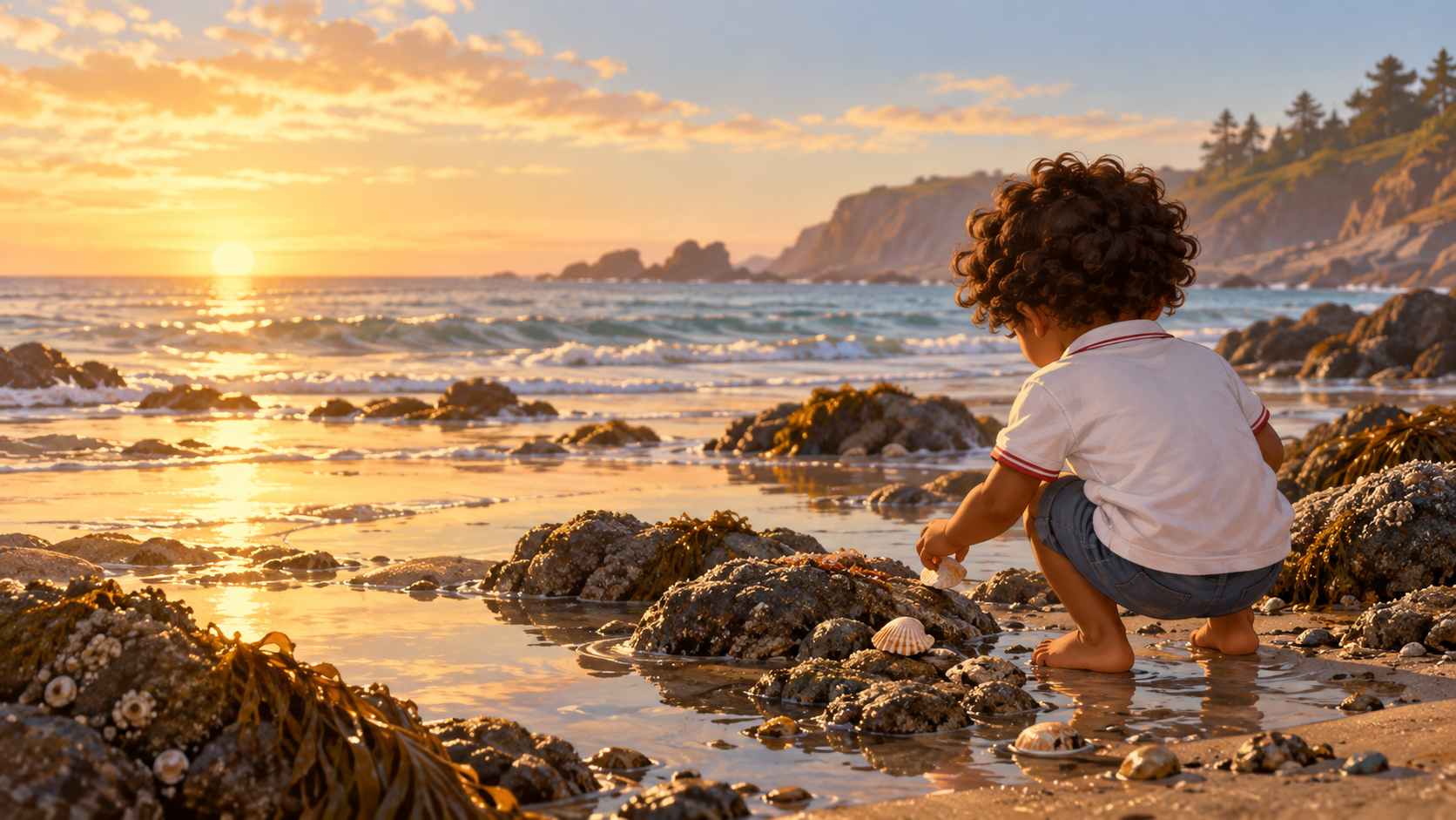 Young child quietly exploring rocks and shells near the water