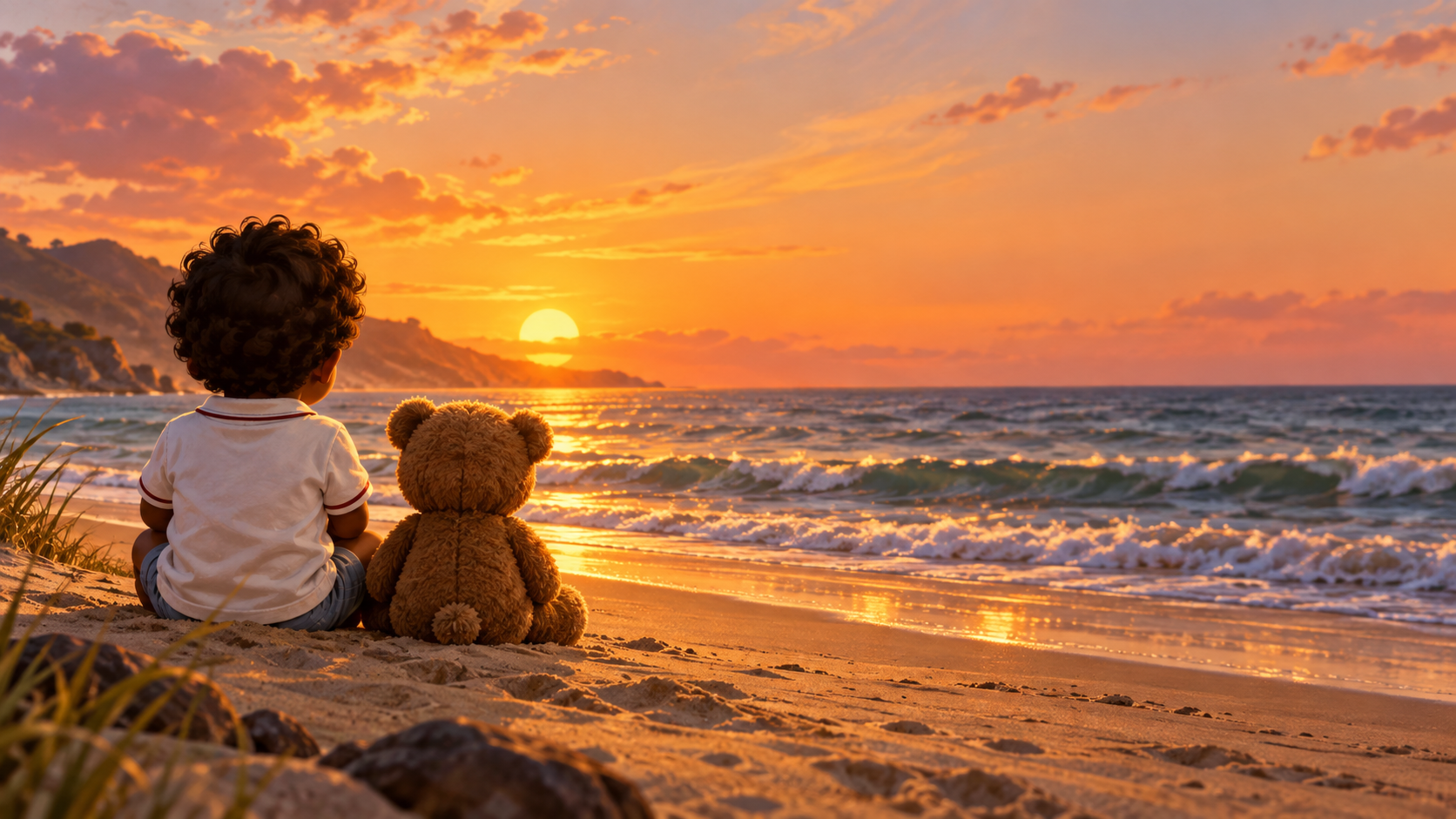Young child and teddy bear sitting together at the beach at sunset