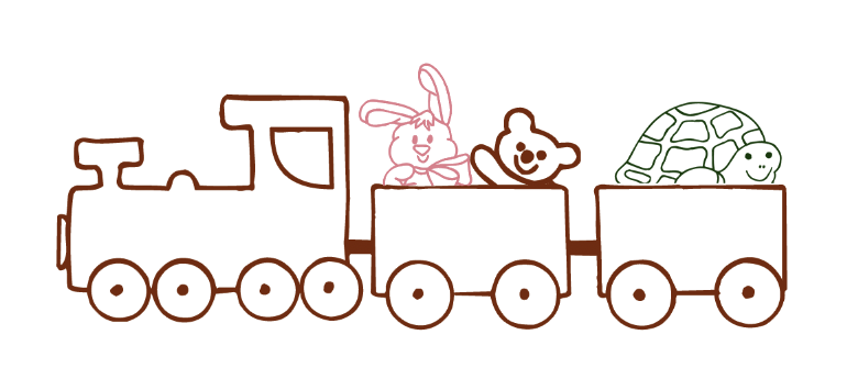 Hand-drawn train carrying a rabbit, teddy bear and turtle